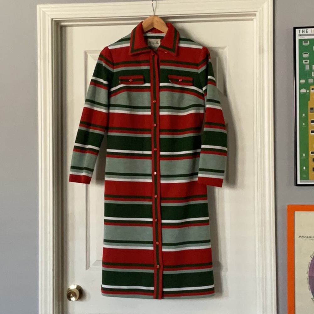 Vintage Polyester Striped Red, Mint Green, and Hunter Green Women's Dress